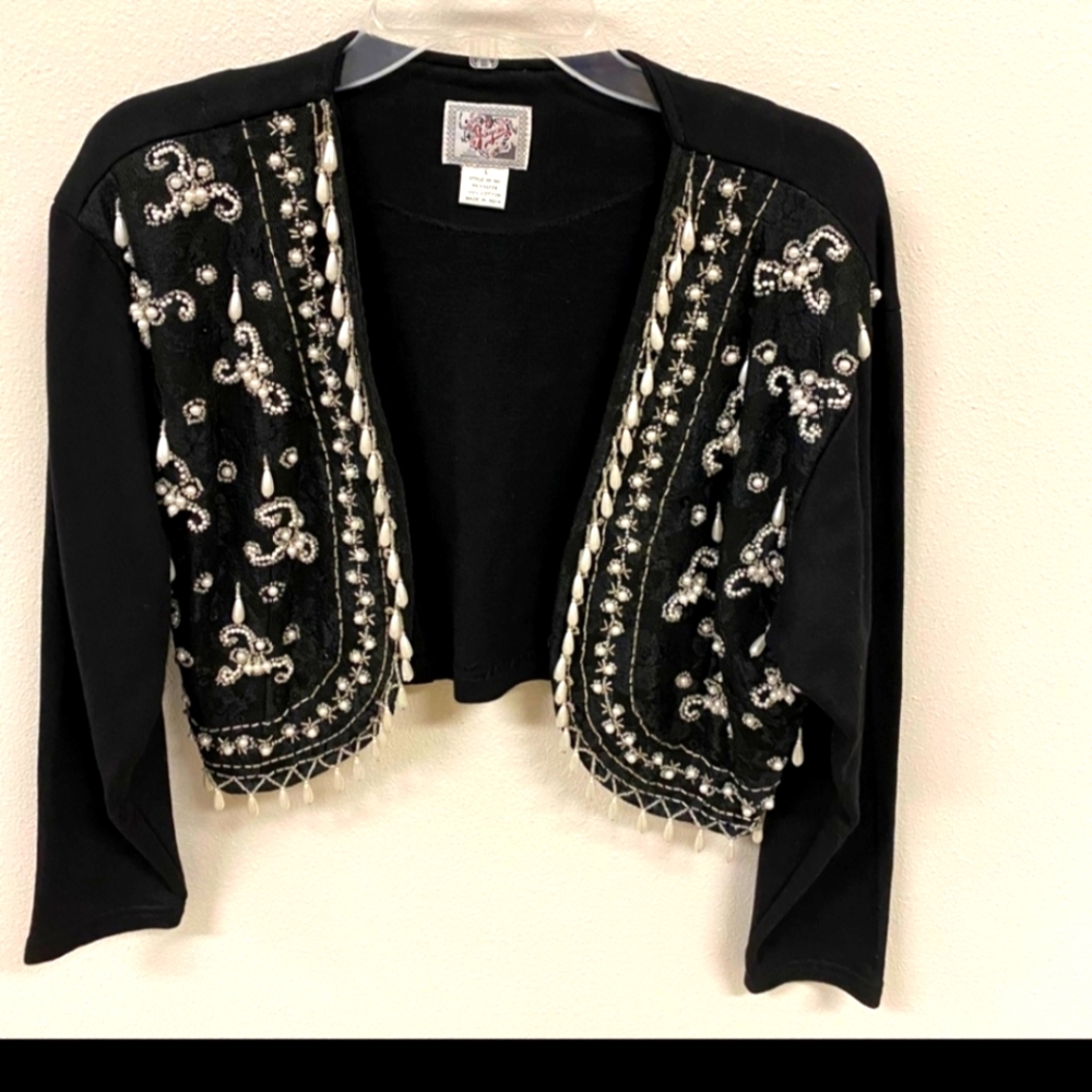 Womens vintage bolero jacket, Large, black, white